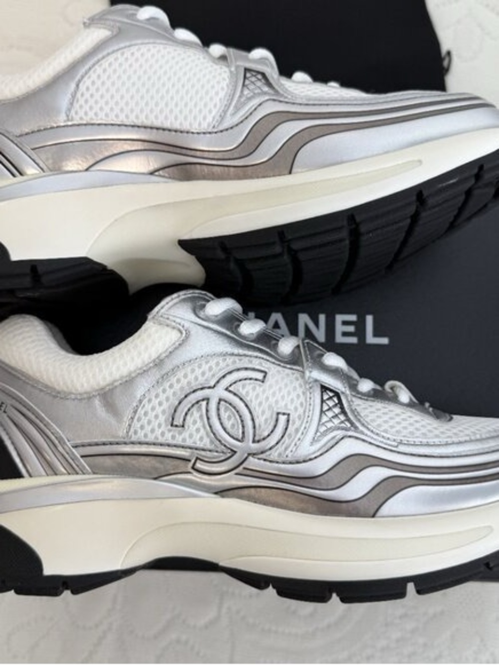 CHANEL Silver and White Mesh & Leather Sneakers